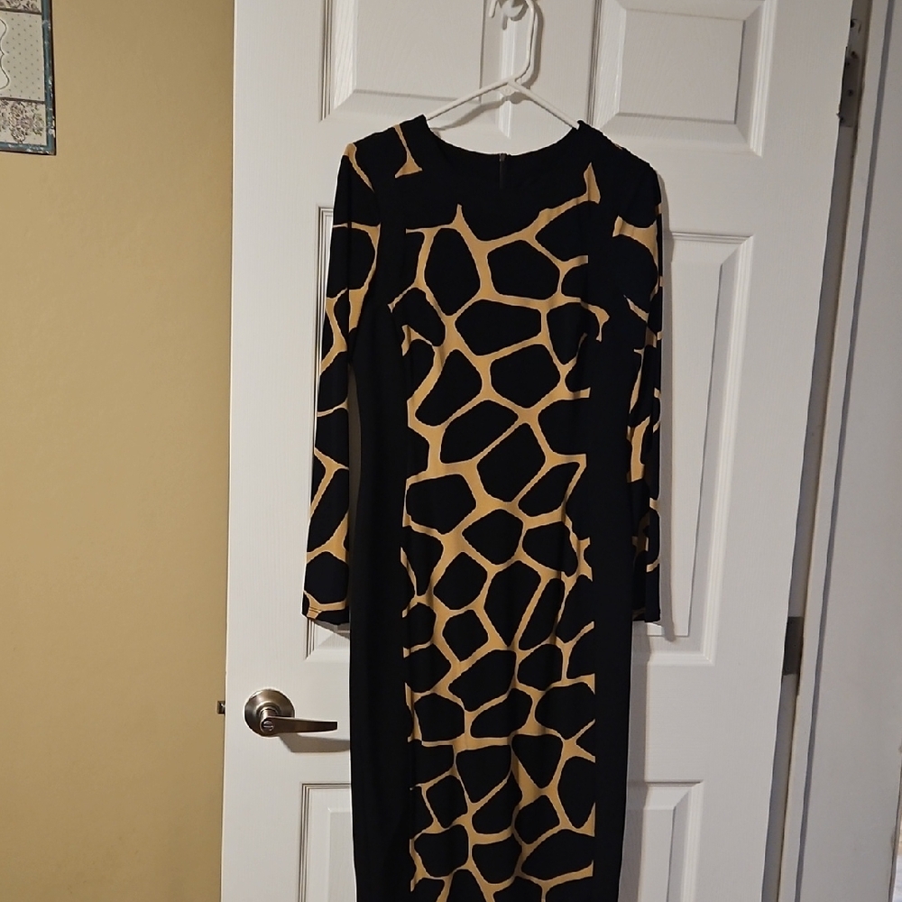 Maggy London Black and Tan Patterned Long Sleeve Dress